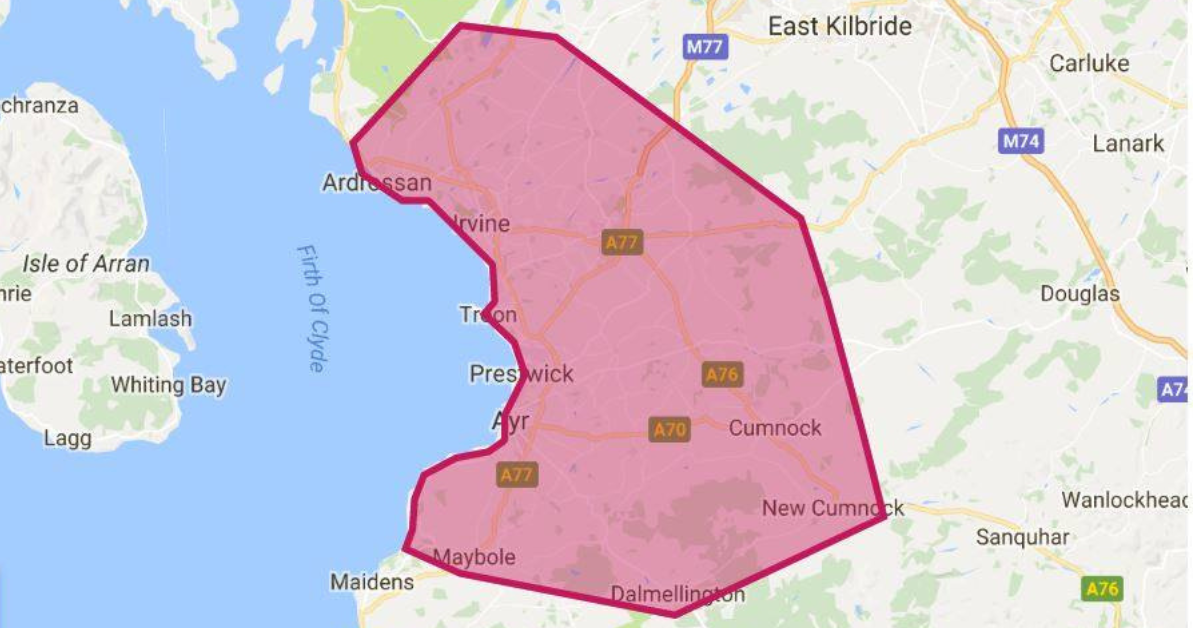 Map of BeautyRokz mobile spray tan coverage area across Ayrshire