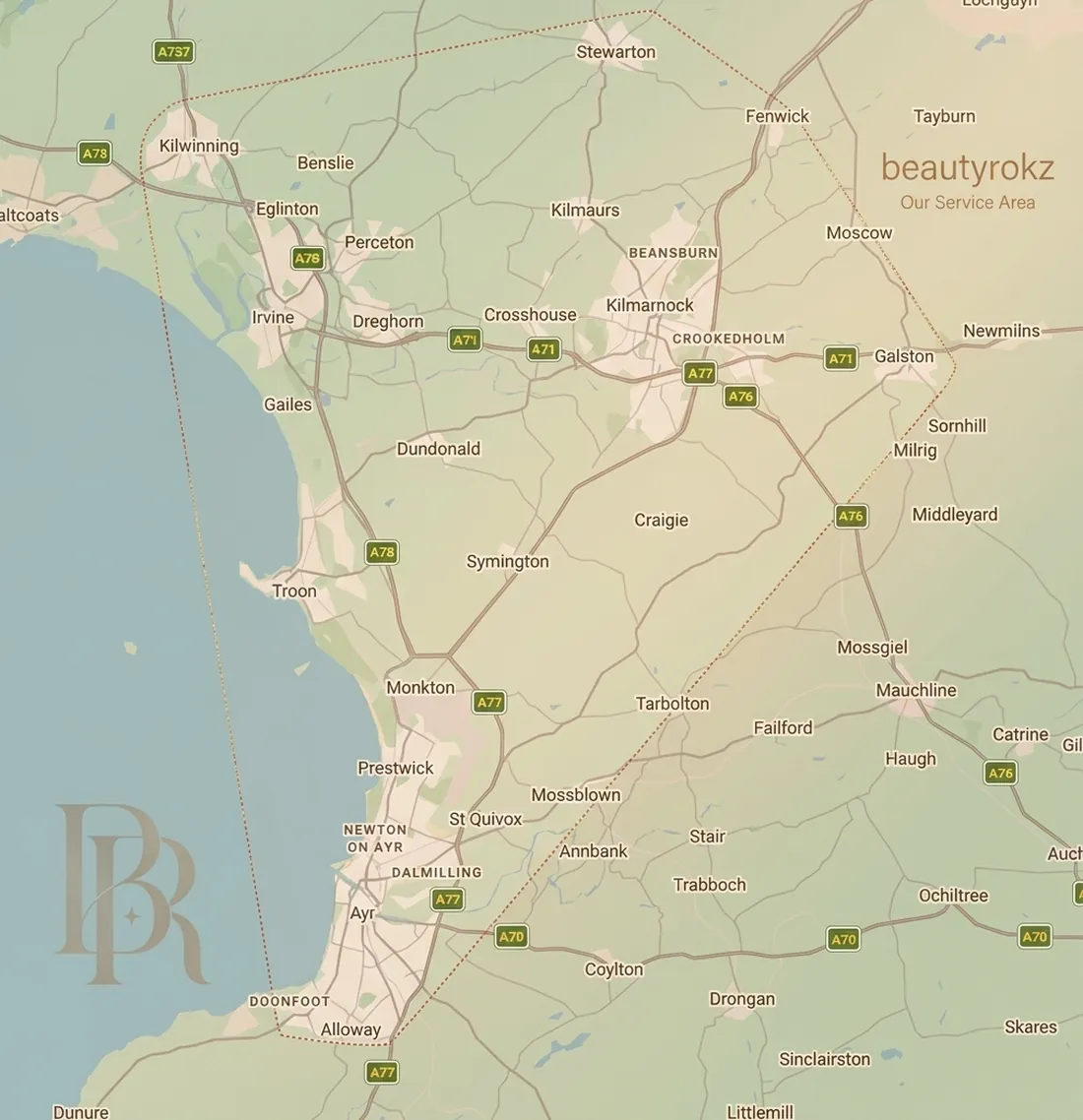Map of the Ayrshire area BeautyRokz covers for mobile spray tanning, including Prestwick, Ayr, Troon, Irvine and Kilmarnock